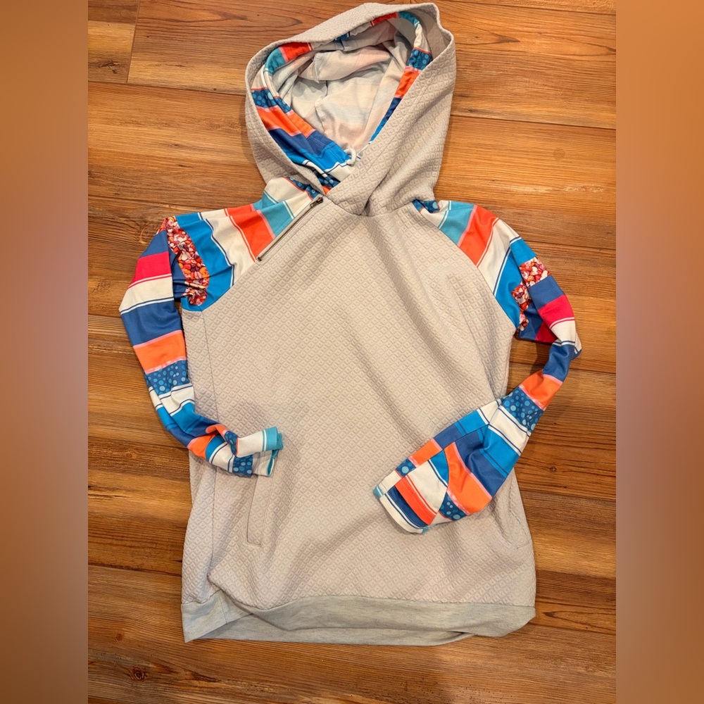 Unique Boutique Double Hooded Colorful Striped Hoodie in Size Large